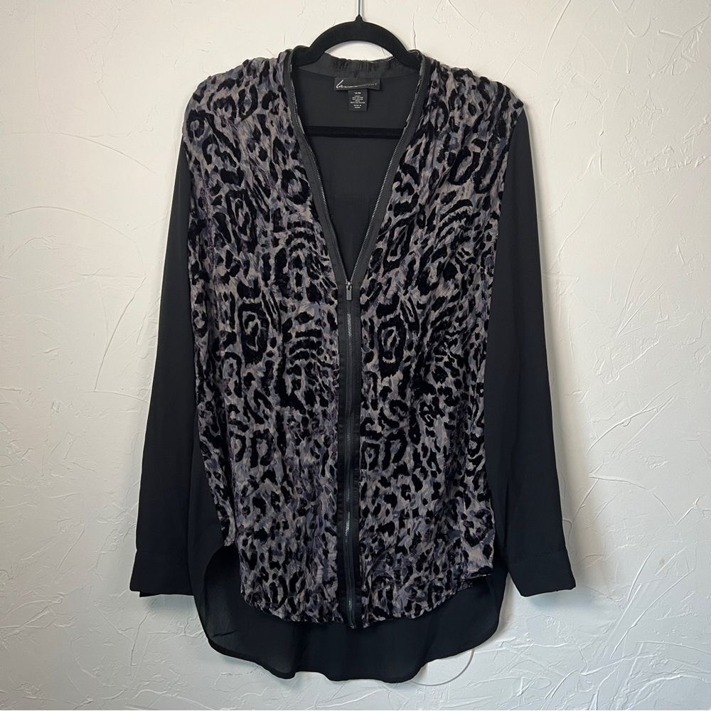 Lane Bryant Velvet Burnout Zipper Top Black and Gray Leopard Print Blouse 14/16